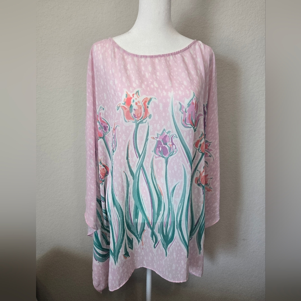 Bob Mackie Wearable Art Vintage Floral Blouse in Pink and Green 2XL